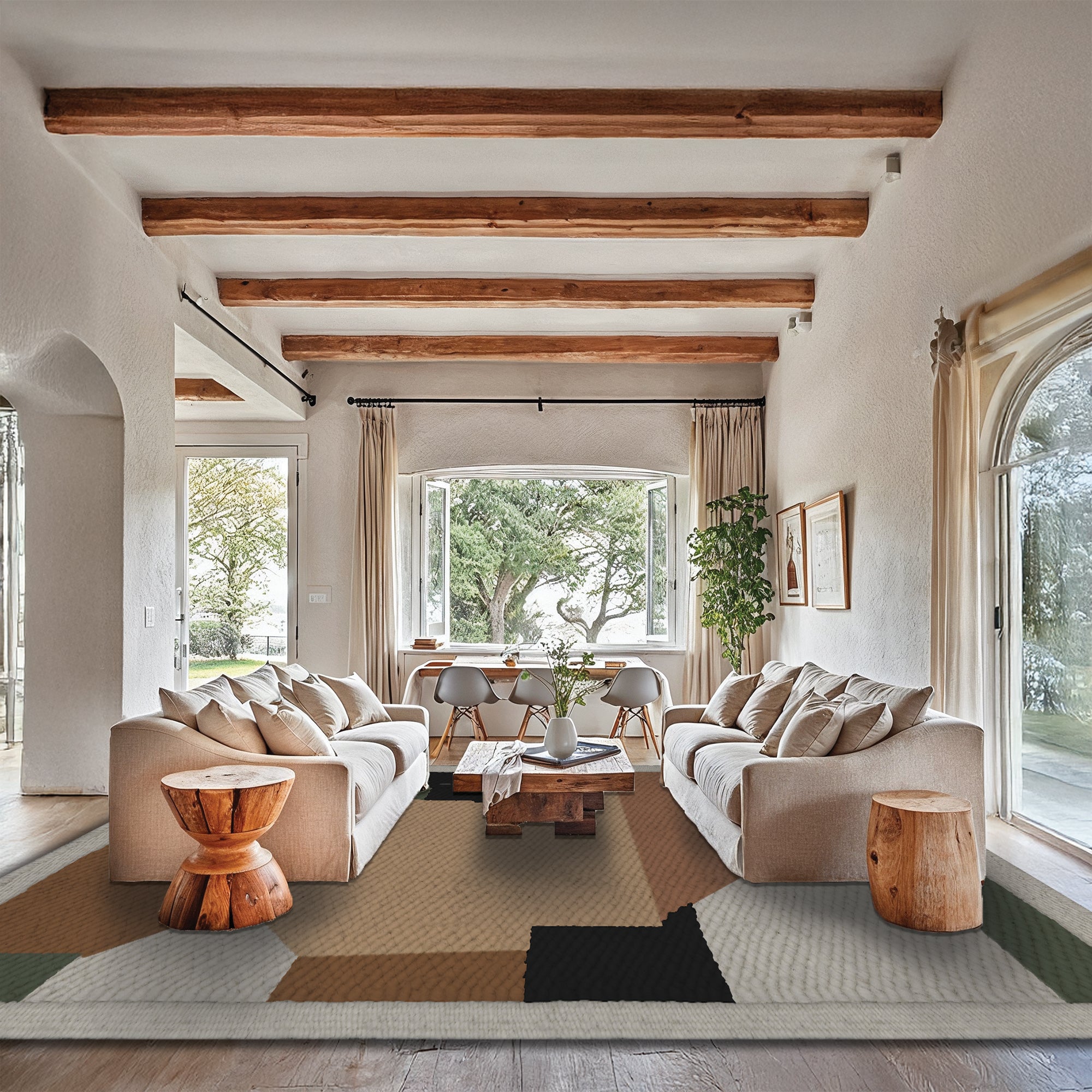 Modern living room with wooden beams, white sofas, and a coffee table.